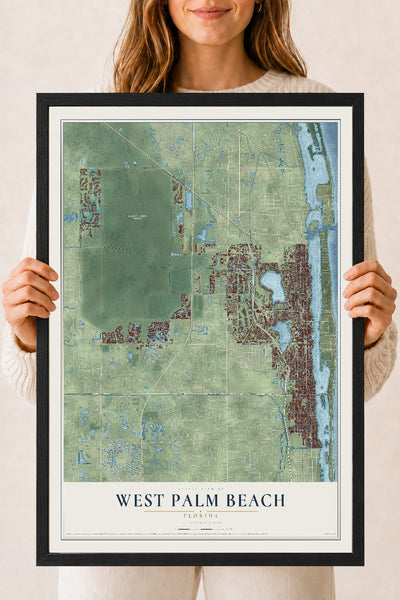 West Palm Beach, Florida map print, 18" x 24" W/ Black Ayous Wood Frame mockup