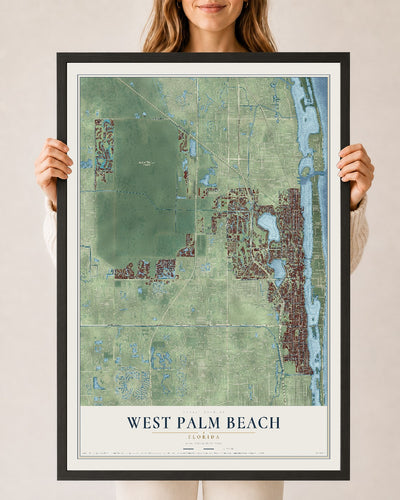West Palm Beach, Florida map print, 24" x 36" W/ Black Ayous Wood Frame mockup