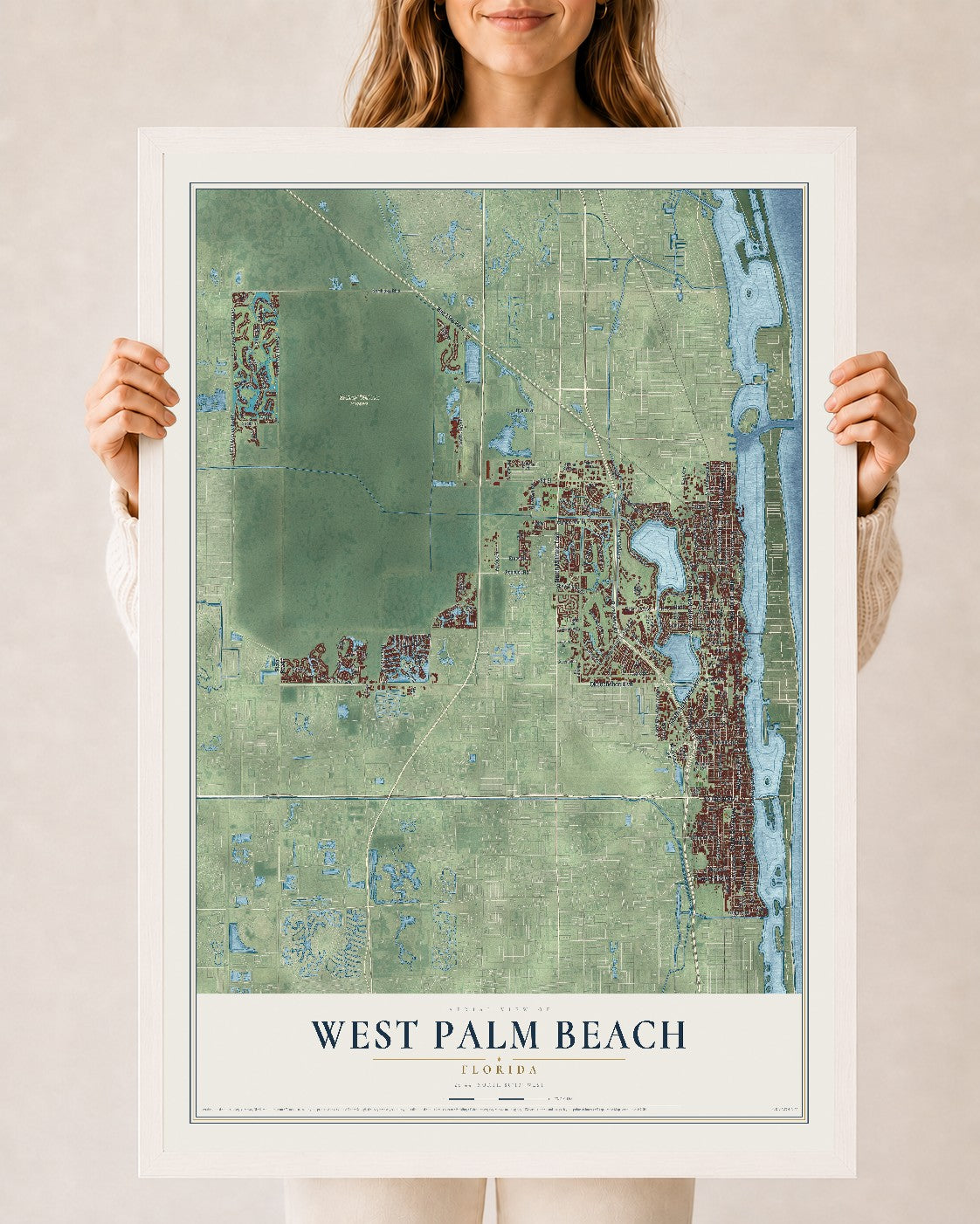 West Palm Beach, Florida map print, 24" x 36" W/ White Ayous Wood Frame mockup