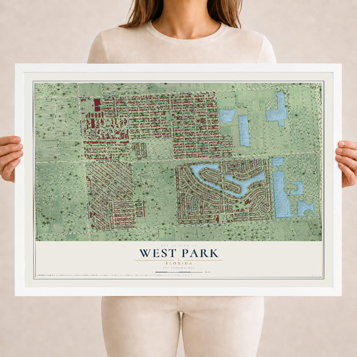 West Park, Florida map print, 18" x 24" W/ White Ayous Wood Frame mockup