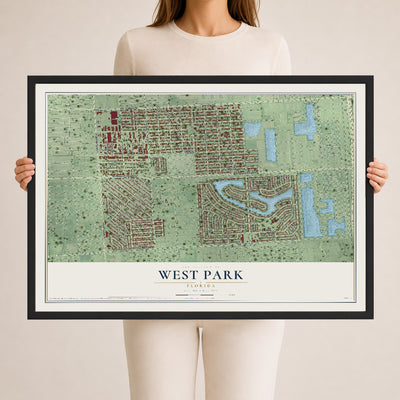 West Park, Florida map print, 24" x 36" W/ Black Ayous Wood Frame mockup