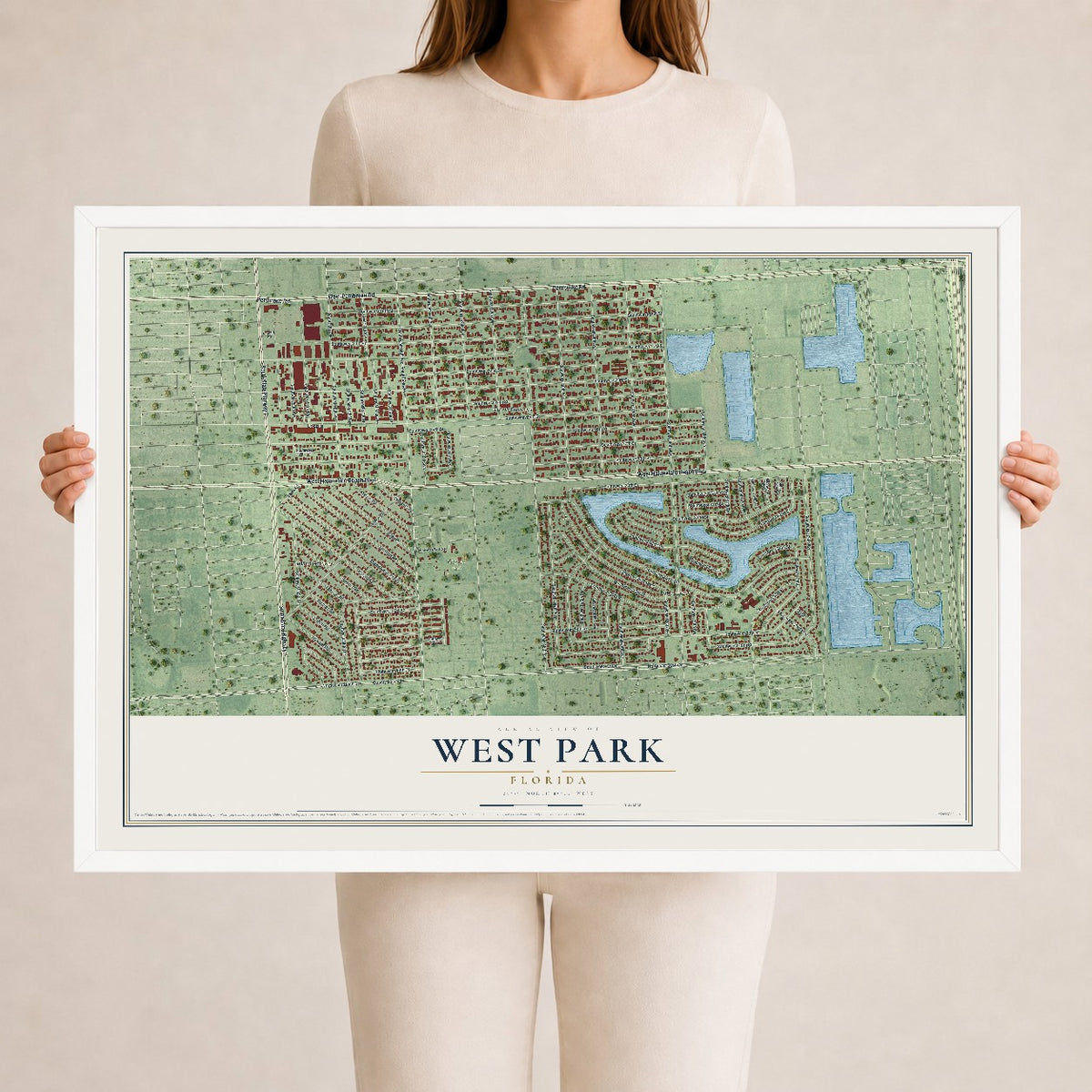 West Park, Florida map print, 24" x 36" W/ White Ayous Wood Frame mockup
