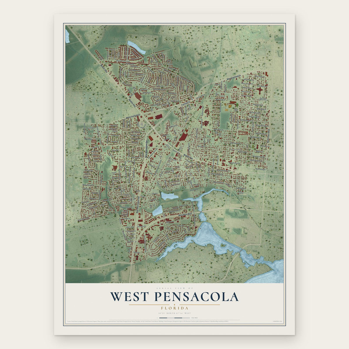 West Pensacola, Florida map print, the full design