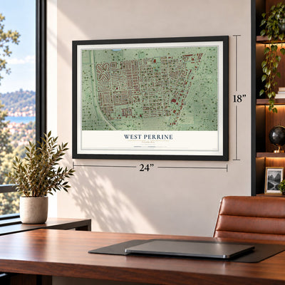 West Perrine, Florida map, 18 x 24 inch print in a black frame in a home office