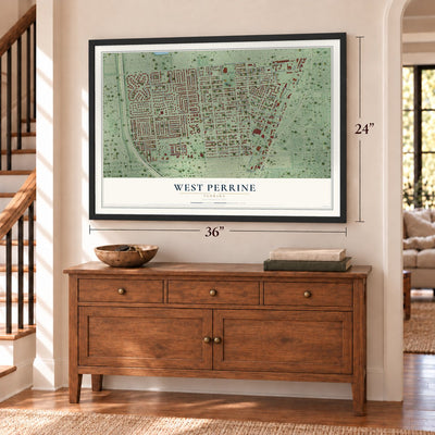 West Perrine, Florida map, 24 x 36 inch print in a black frame above a dresser by a staircase