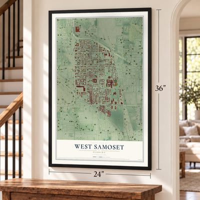 West Samoset, Florida map, 24 x 36 inch print in a black frame by a staircase