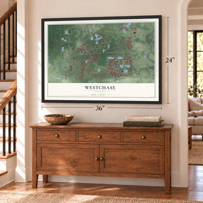 Westchase, Florida map, 24 x 36 inch print in a black frame above a dresser by a staircase