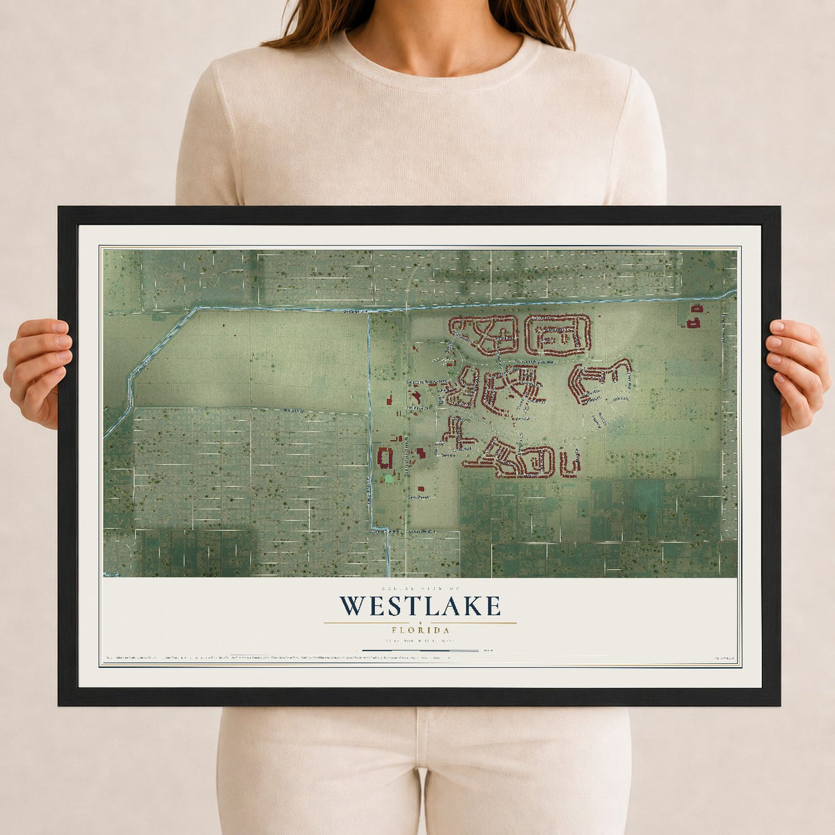 Westlake, Florida map print, 12" x 18" W/ Black Ayous Wood Frame mockup