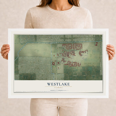 Westlake, Florida map print, 12" x 18" W/ White Ayous Wood Frame mockup