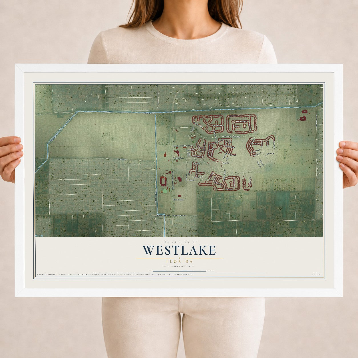 Westlake, Florida map print, 18" x 24" W/ White Ayous Wood Frame mockup