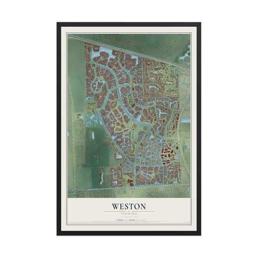 Map of Weston, Florida, 12 x 18 inch print in a black wood frame