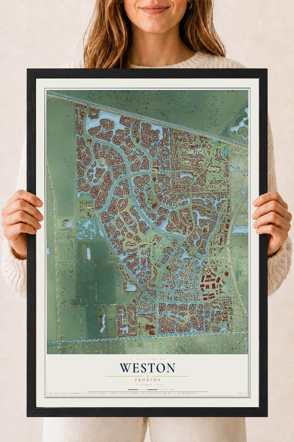 Weston, Florida map print, 18" x 24" W/ Black Ayous Wood Frame mockup