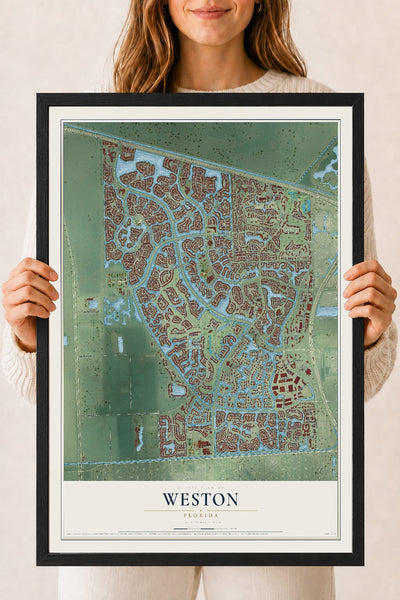 Weston, Florida map print, 18" x 24" W/ Black Ayous Wood Frame mockup