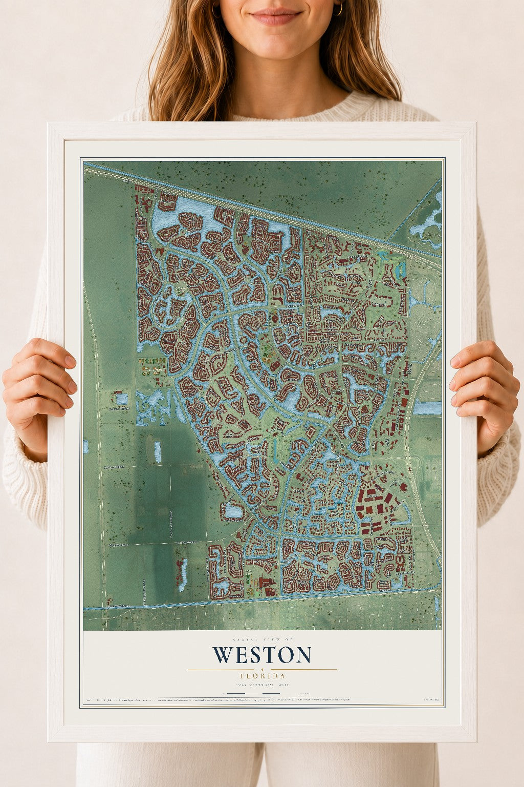 Weston, Florida map print, 18" x 24" W/ White Ayous Wood Frame mockup