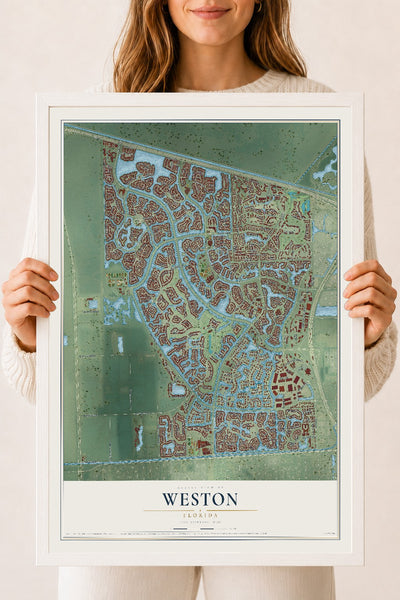 Weston, Florida map print, 18" x 24" W/ White Ayous Wood Frame mockup