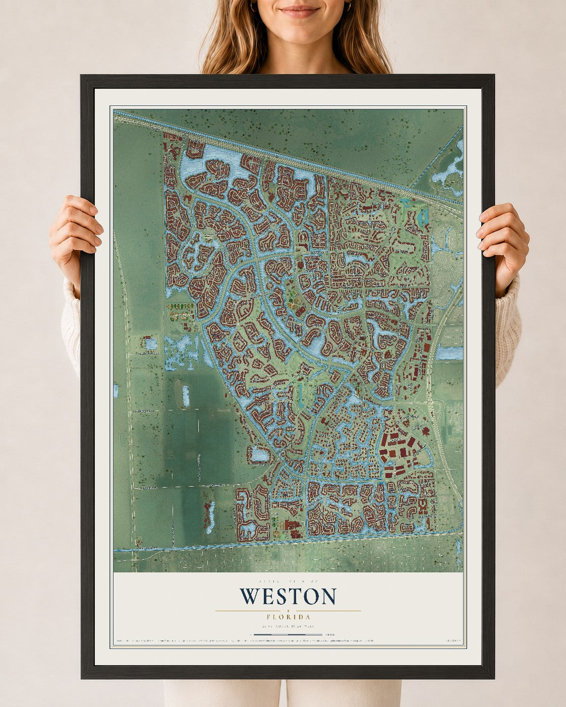 Weston, Florida map print, 24" x 36" W/ Black Ayous Wood Frame mockup