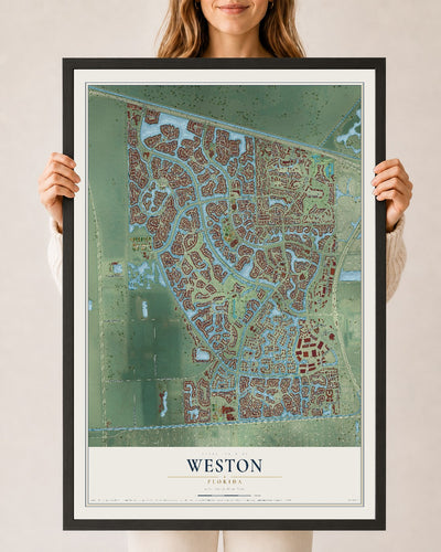 Weston, Florida map print, 24" x 36" W/ Black Ayous Wood Frame mockup