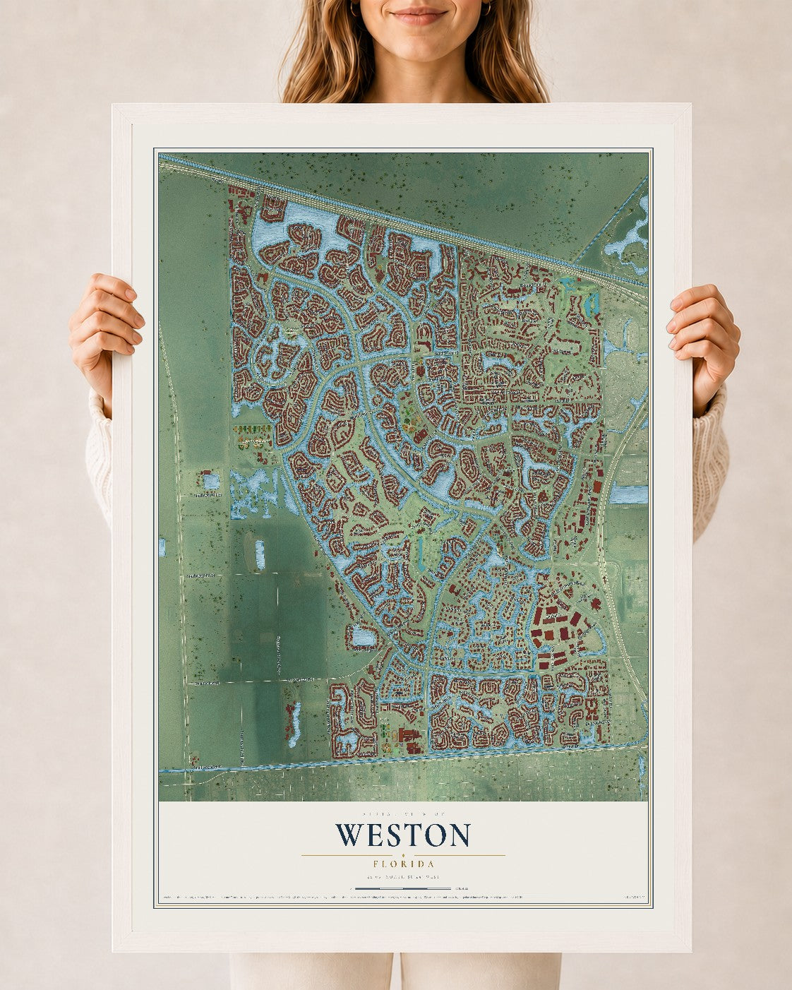 Weston, Florida map print, 24" x 36" W/ White Ayous Wood Frame mockup