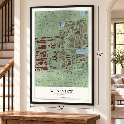 Westview, Florida map, 24 x 36 inch print in a black frame by a staircase