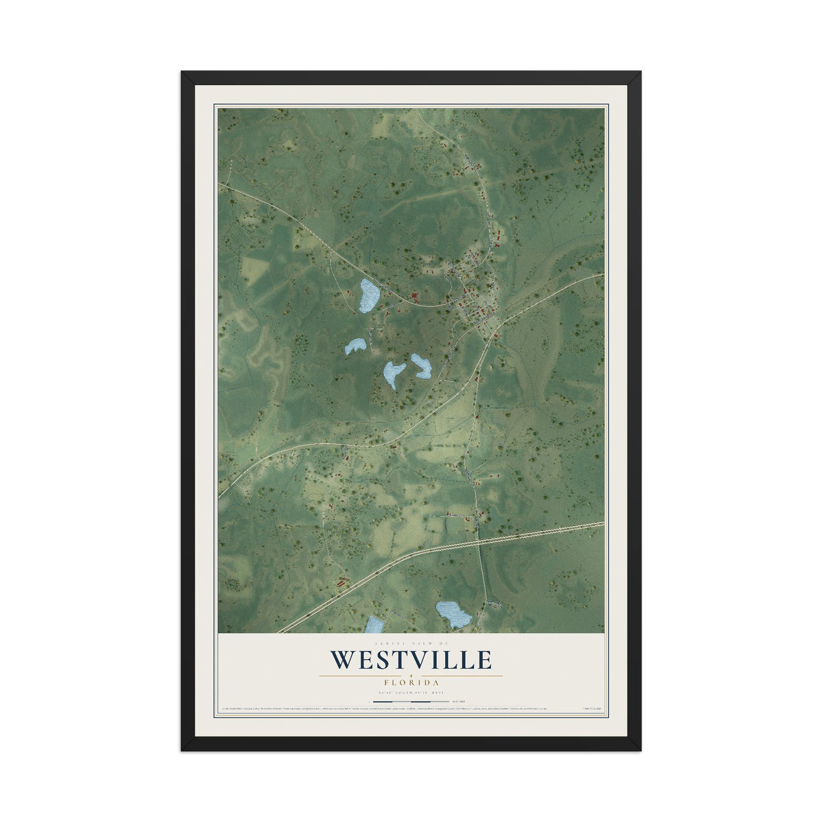 Westville, Florida map print, 12" x 18" W/ Black Ayous Wood Frame mockup