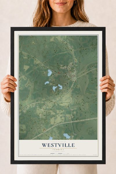 Westville, Florida map print, 18" x 24" W/ Black Ayous Wood Frame mockup