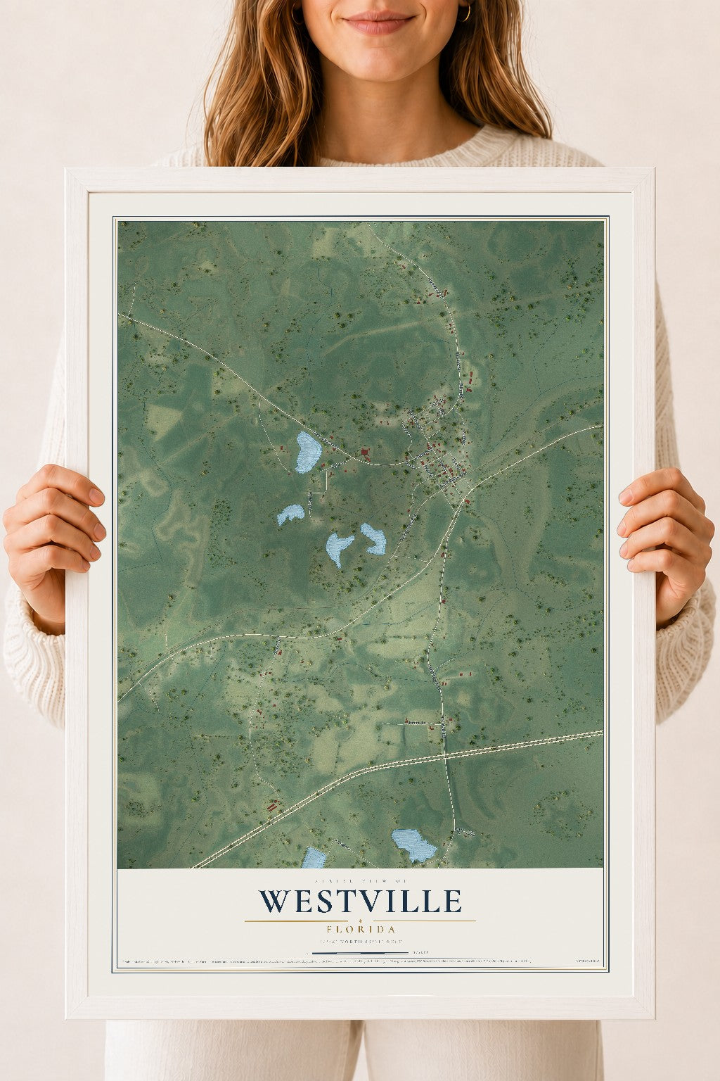 Westville, Florida map print, 18" x 24" W/ White Ayous Wood Frame mockup