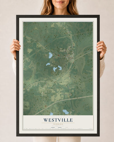 Westville, Florida map print, 24" x 36" W/ Black Ayous Wood Frame mockup