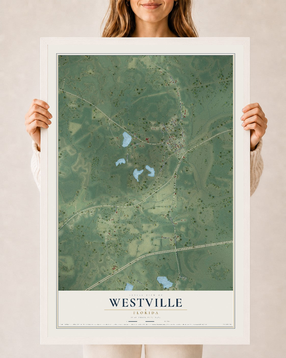 Westville, Florida map print, 24" x 36" W/ White Ayous Wood Frame mockup