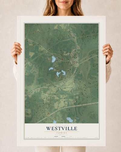 Westville, Florida map print, 24" x 36" W/ White Ayous Wood Frame mockup