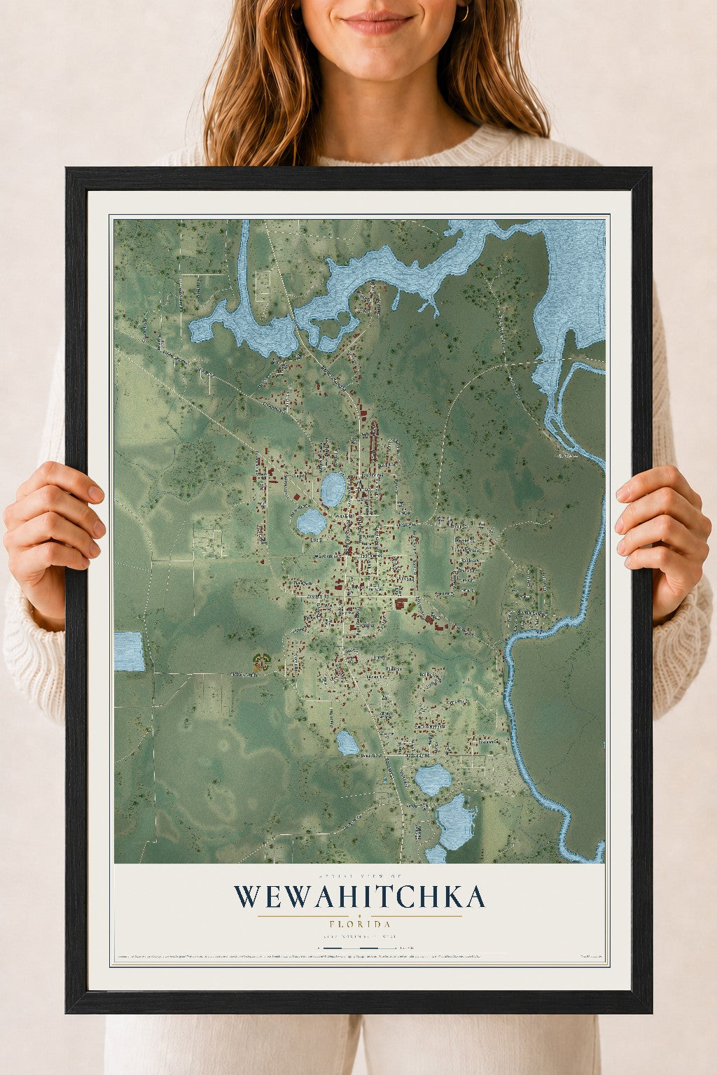 Wewahitchka, Florida map print, 18" x 24" W/ Black Ayous Wood Frame mockup