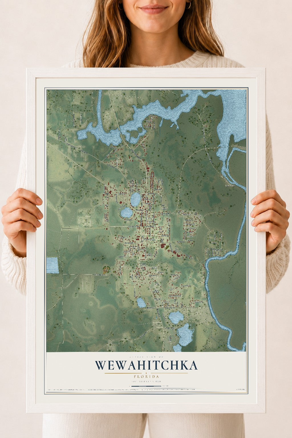 Wewahitchka, Florida map print, 18" x 24" W/ White Ayous Wood Frame mockup
