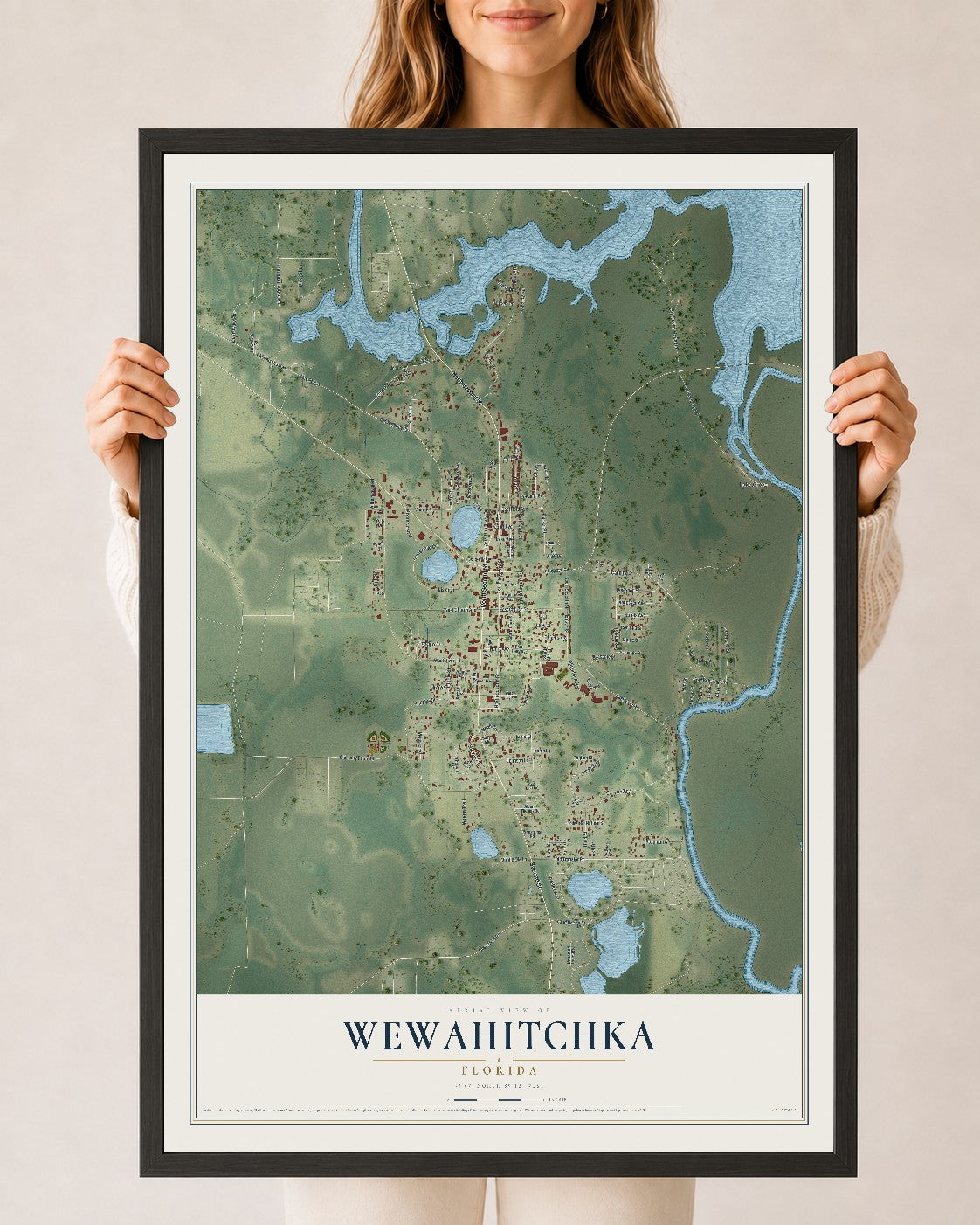 Wewahitchka, Florida map print, 24" x 36" W/ Black Ayous Wood Frame mockup
