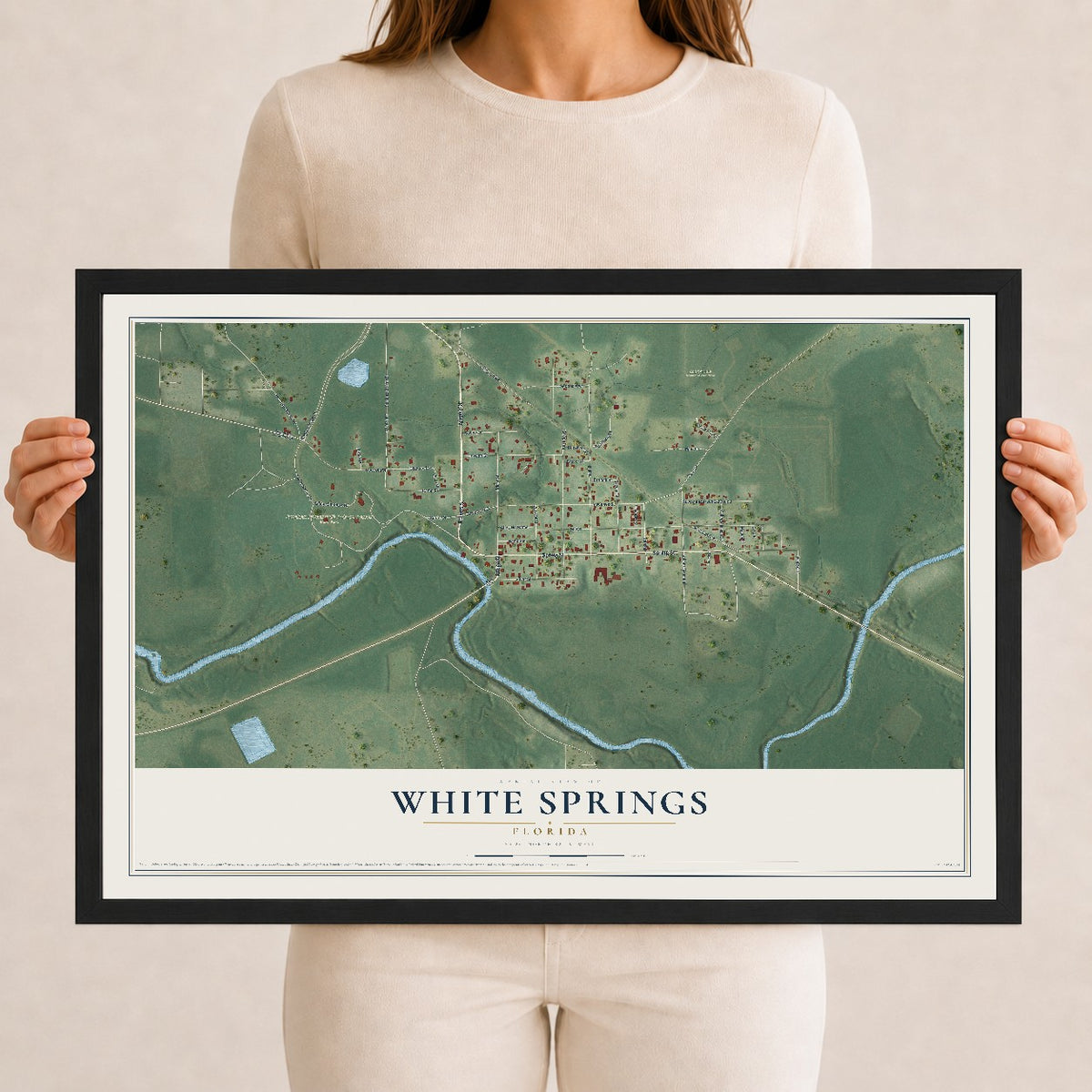White Springs, Florida map print, 12" x 18" W/ Black Ayous Wood Frame mockup