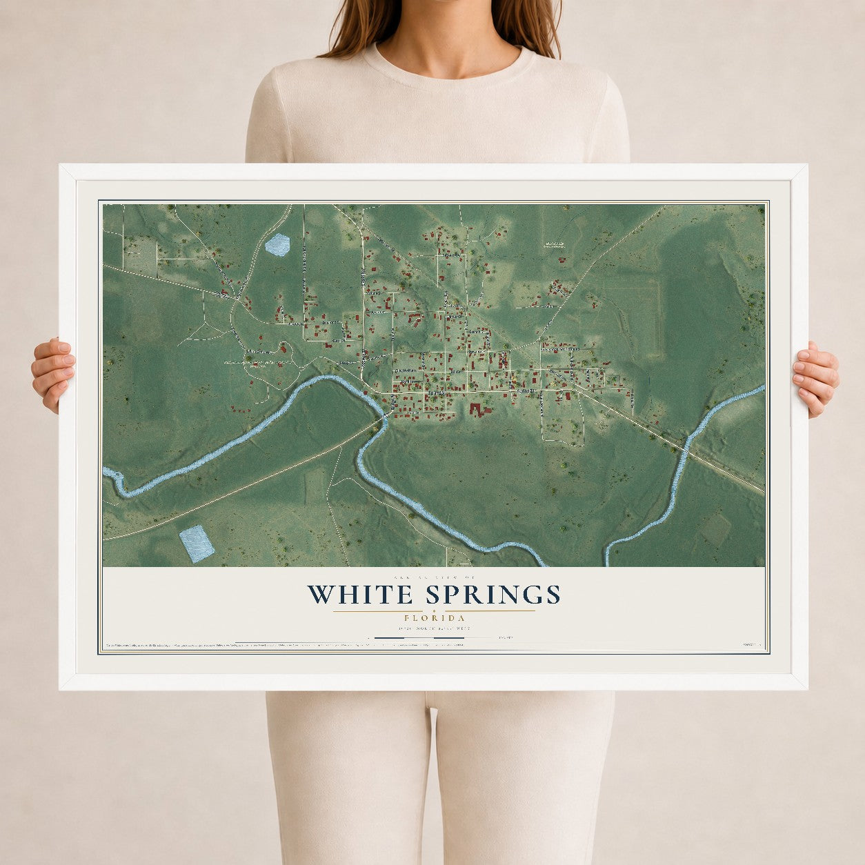 White Springs, Florida map print, 24" x 36" W/ White Ayous Wood Frame mockup
