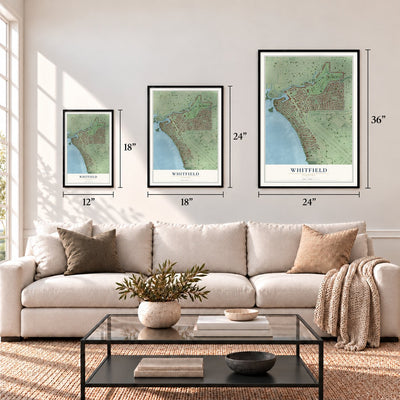 Whitfield, Florida map in 12 x 18, 18 x 24 and 24 x 36 inch sizes above a sofa