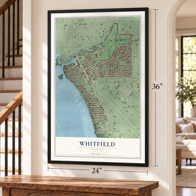 Whitfield, Florida map, 24 x 36 inch print in a black frame by a staircase