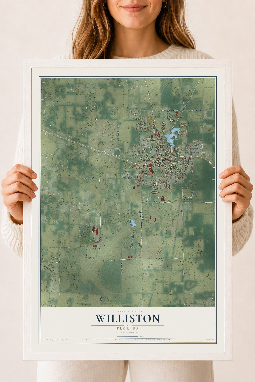 Williston, Florida map print, 18" x 24" W/ White Ayous Wood Frame mockup