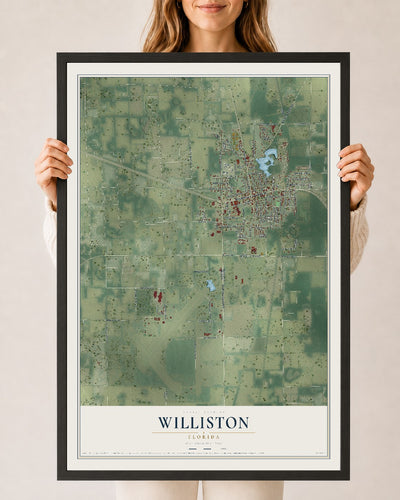 Williston, Florida map print, 24" x 36" W/ Black Ayous Wood Frame mockup