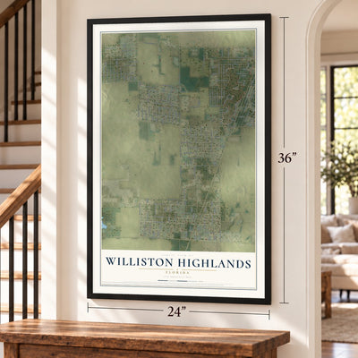 Williston Highlands, Florida map, 24 x 36 inch print in a black frame by a staircase
