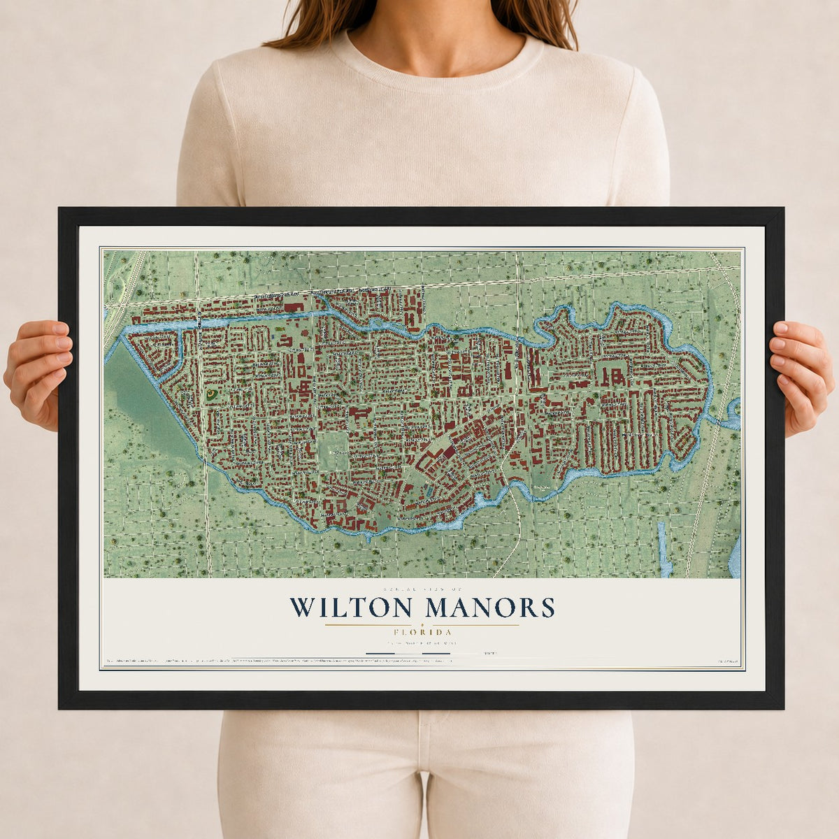Wilton Manors, Florida map print, 12" x 18" W/ Black Ayous Wood Frame mockup
