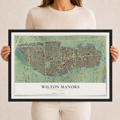 Wilton Manors, Florida map print, 12" x 18" W/ Black Ayous Wood Frame mockup