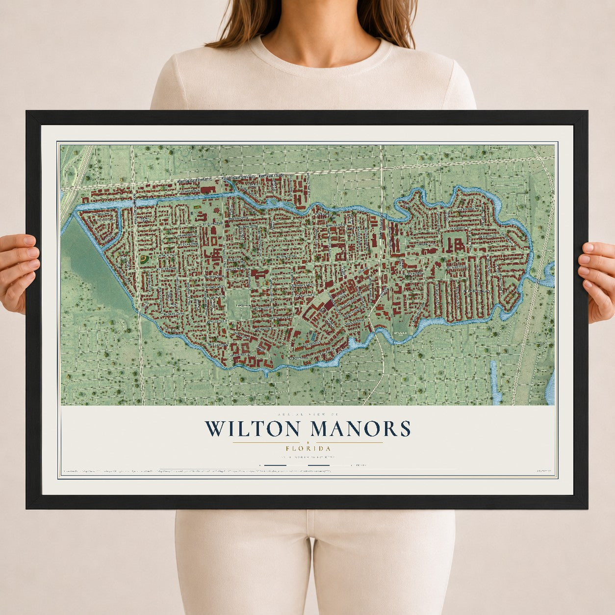 Wilton Manors, Florida map print, 18" x 24" W/ Black Ayous Wood Frame mockup