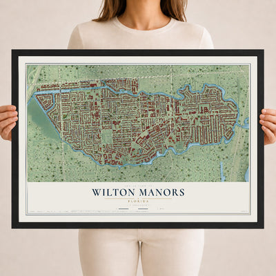 Wilton Manors, Florida map print, 18" x 24" W/ Black Ayous Wood Frame mockup