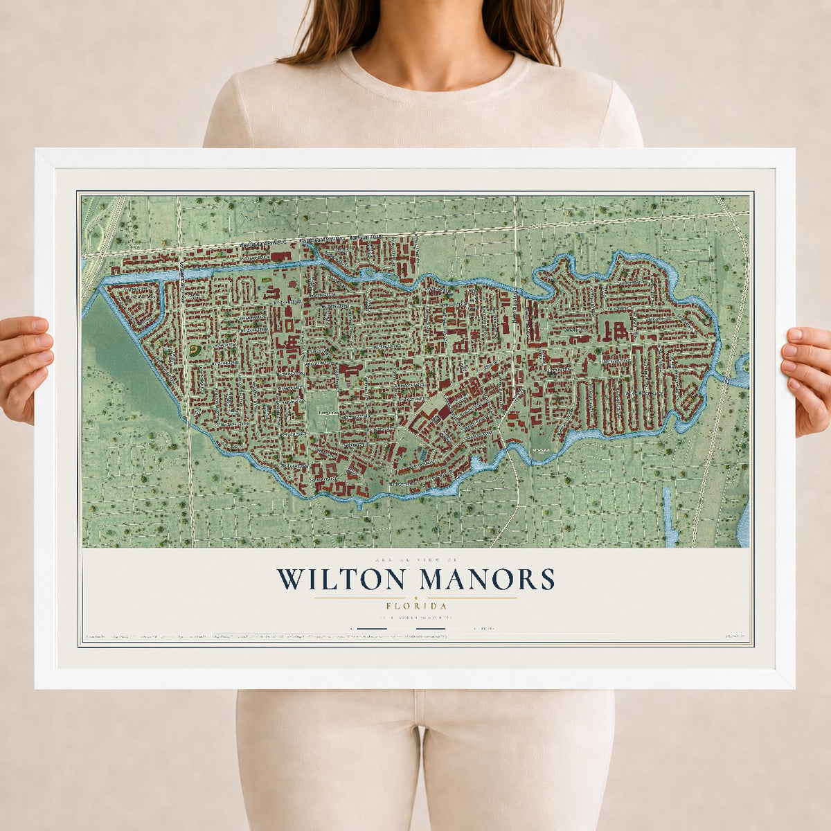Wilton Manors, Florida map print, 18" x 24" W/ White Ayous Wood Frame mockup