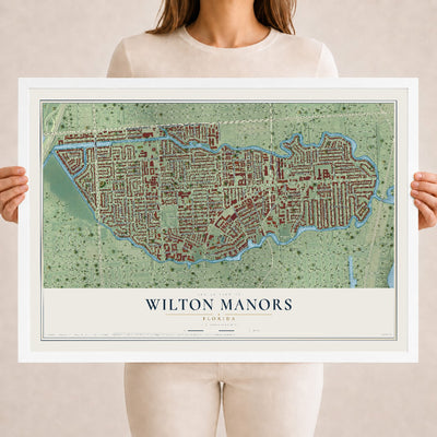 Wilton Manors, Florida map print, 18" x 24" W/ White Ayous Wood Frame mockup