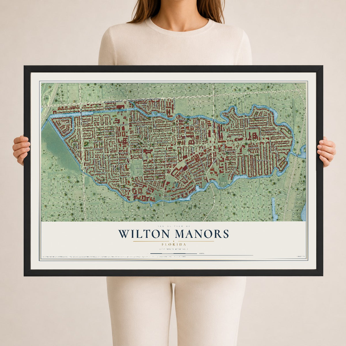 Wilton Manors, Florida map print, 24" x 36" W/ Black Ayous Wood Frame mockup