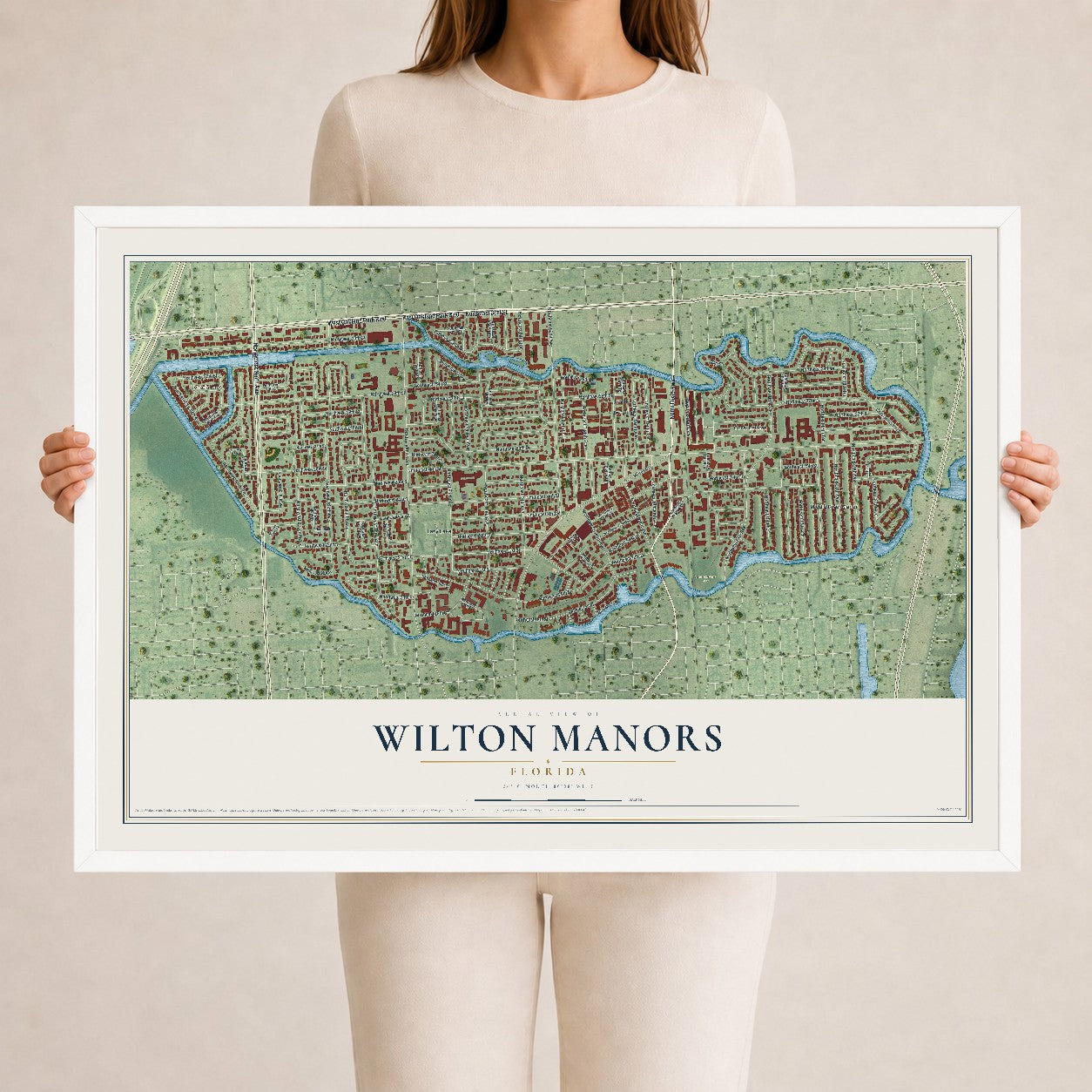 Wilton Manors, Florida map print, 24" x 36" W/ White Ayous Wood Frame mockup