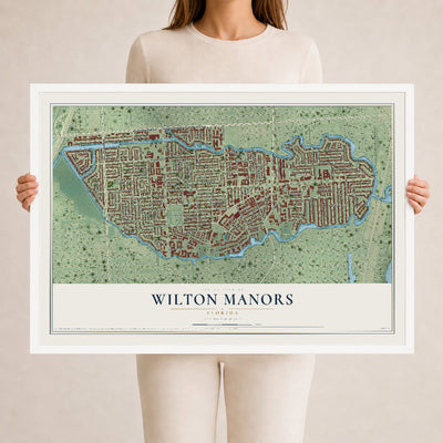 Wilton Manors, Florida map print, 24" x 36" W/ White Ayous Wood Frame mockup
