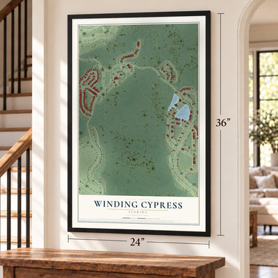 Winding Cypress, Florida map, 24 x 36 inch print in a black frame by a staircase