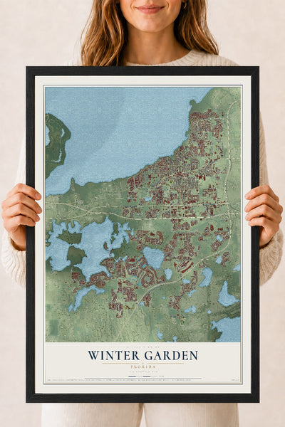 Winter Garden, Florida map print, 18" x 24" W/ Black Ayous Wood Frame mockup